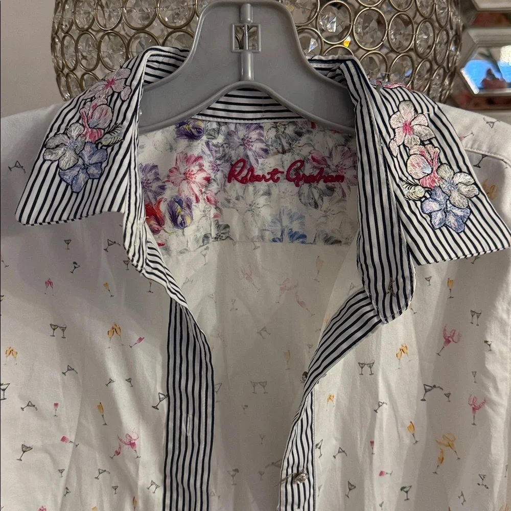 Robert Graham White Shirt with Black Stripes and Floral Accents - Picture 3 of 8